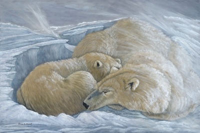polar bear mother and cub, snow and ice, ice storm